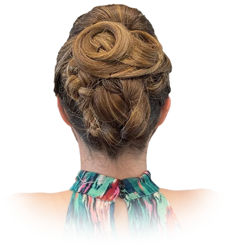 Hair up: light brown hair pinned in a rolled swirl above a small plait, seen from behind